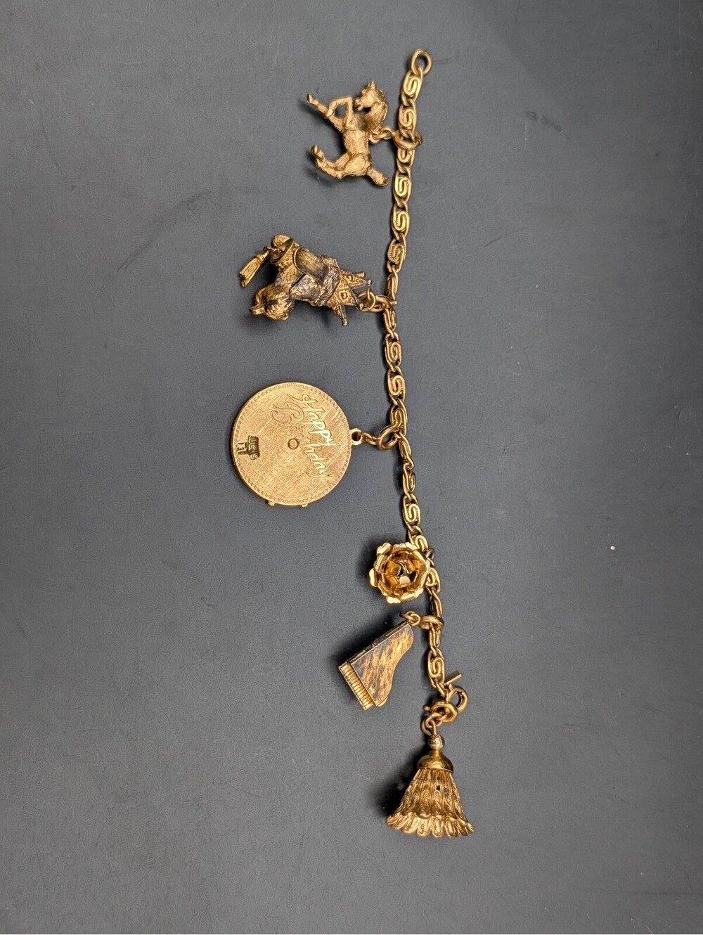Vtg Monet Charm Bracelet Gold Tone Chunky Articulated Dog Horse Birthday Spin